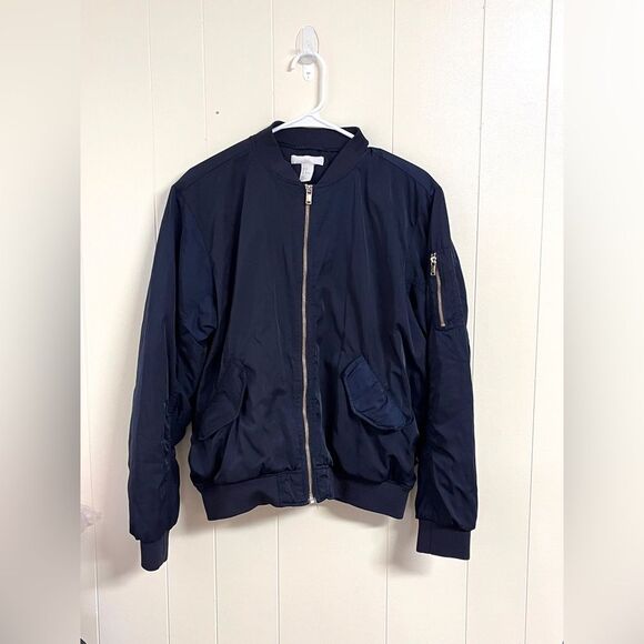 H&M Navy Bomber Jacket moto coat oversized Sz 8 Medium - Picture 2 of 10